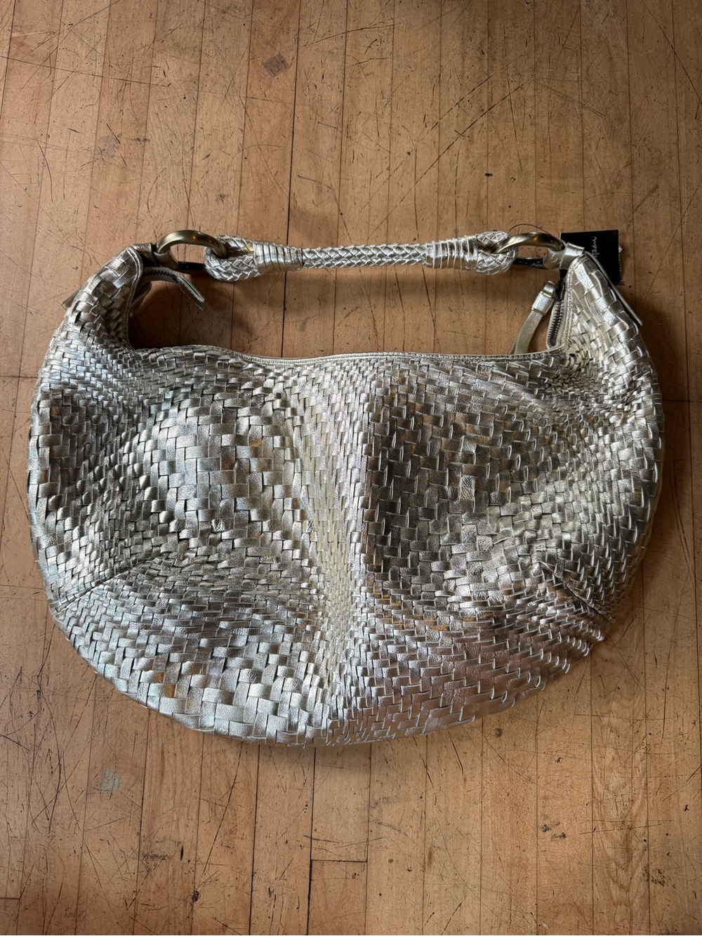 NWT Y2K Woven Leather Metallic Gold Slouchy Hobo Bag Purse Boho Festival